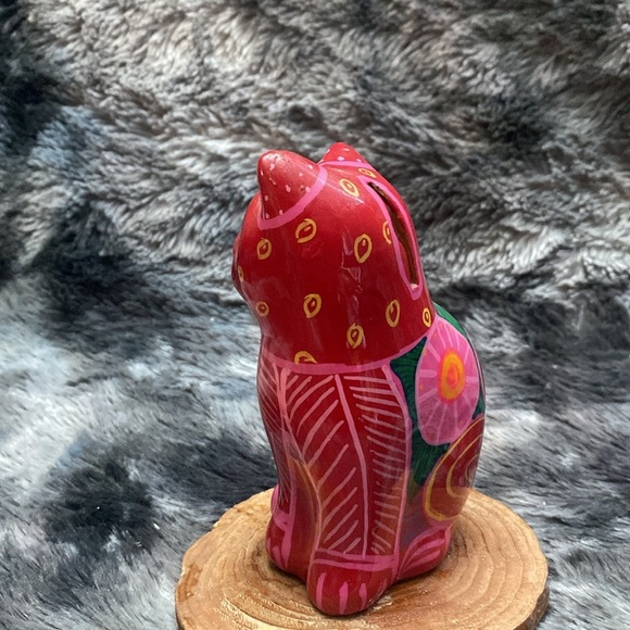 Folk Art Yellow Hand Painted Clay 
Cat Piggy Bank Floral Coin Bank - Picture 5 of 15